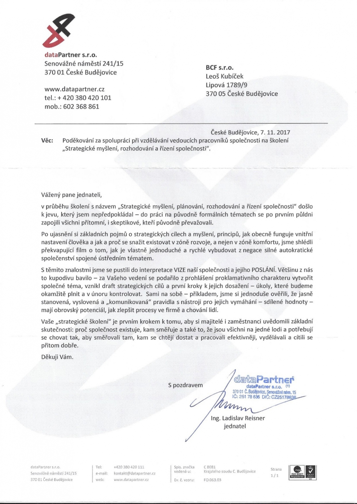 BCF, Holistic management, data Partner, transformace firms, strategické řízení, projektové řízení